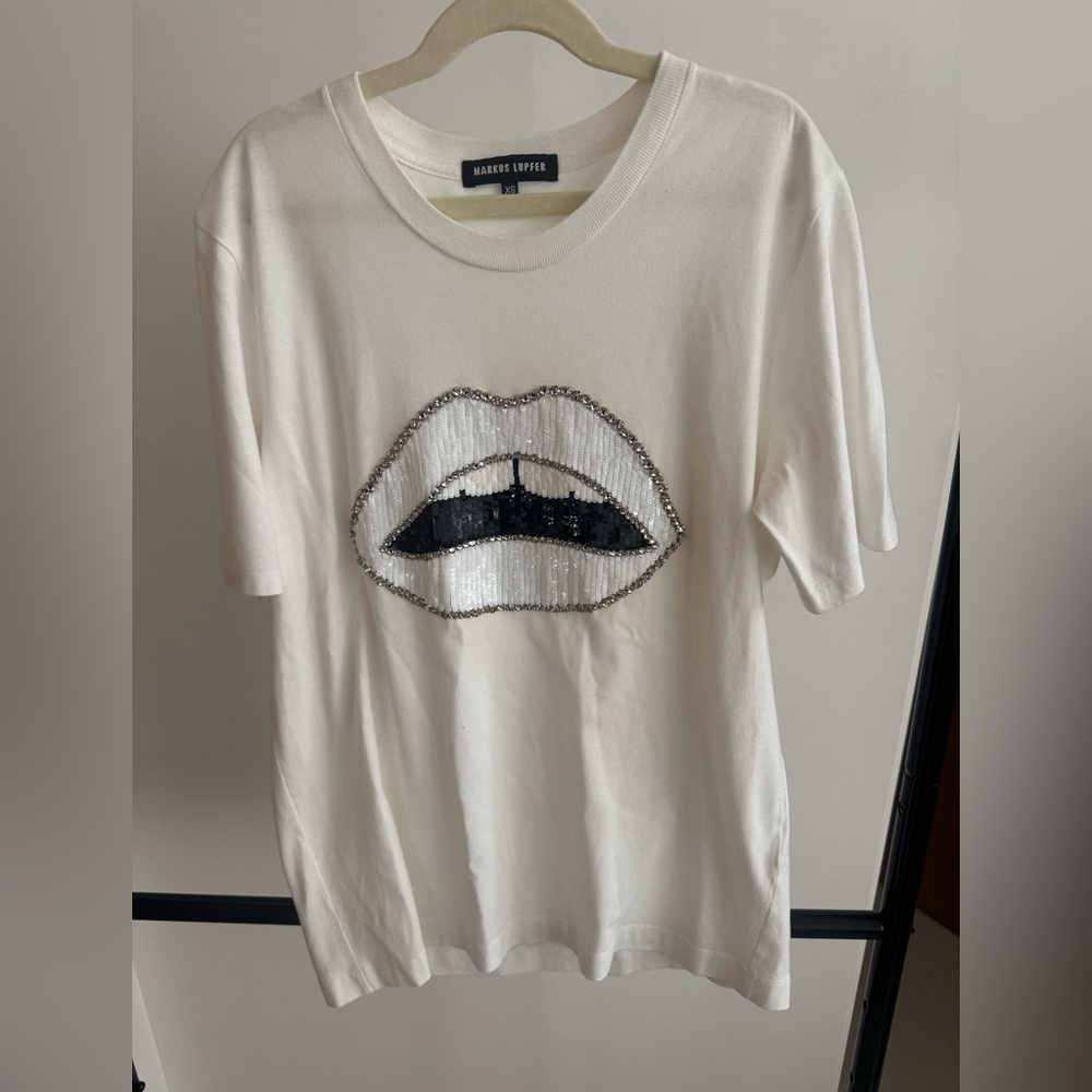 Markus Lupfer White Tee with Sequin Lip Design